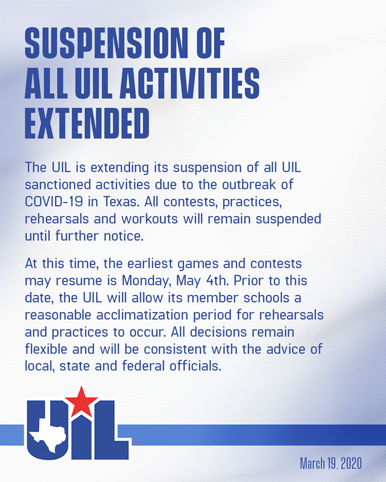 UIL Announces Extended Suspension of All UIL Activities Royal