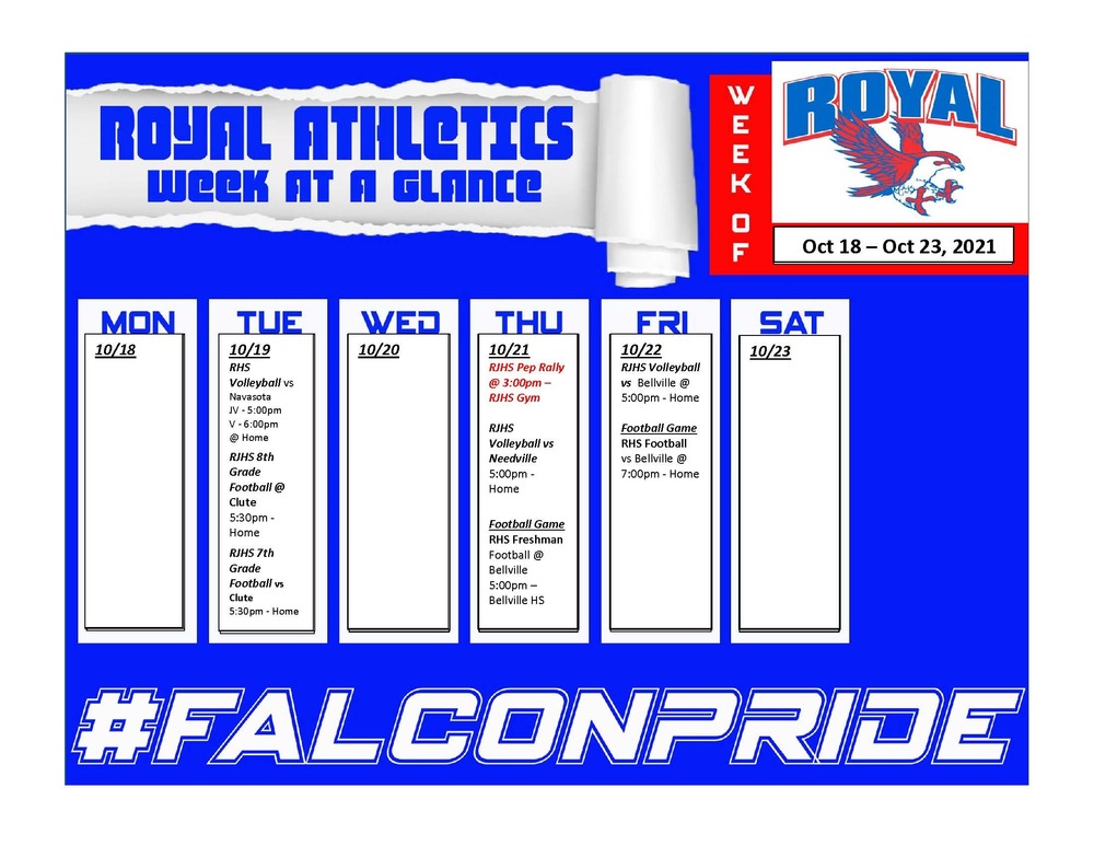 Falcon Athletics Week at a Glance for 10/18 - 10/23