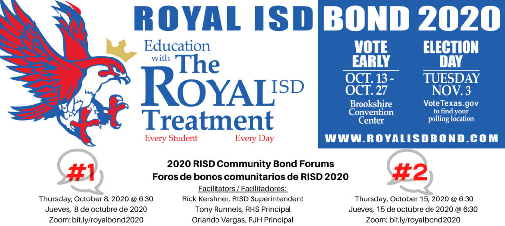 VOTER REGISTRATION ENDS TOMORROW! Make sure you register online at www.votetexas.org! Your vote is your voice! Don't forget! Royal ISD is holding Community Bond Forums on Thursday, October 8 and October 15, both at 6:30pm. Visit https://bit.ly/34ohQCBsz for details!