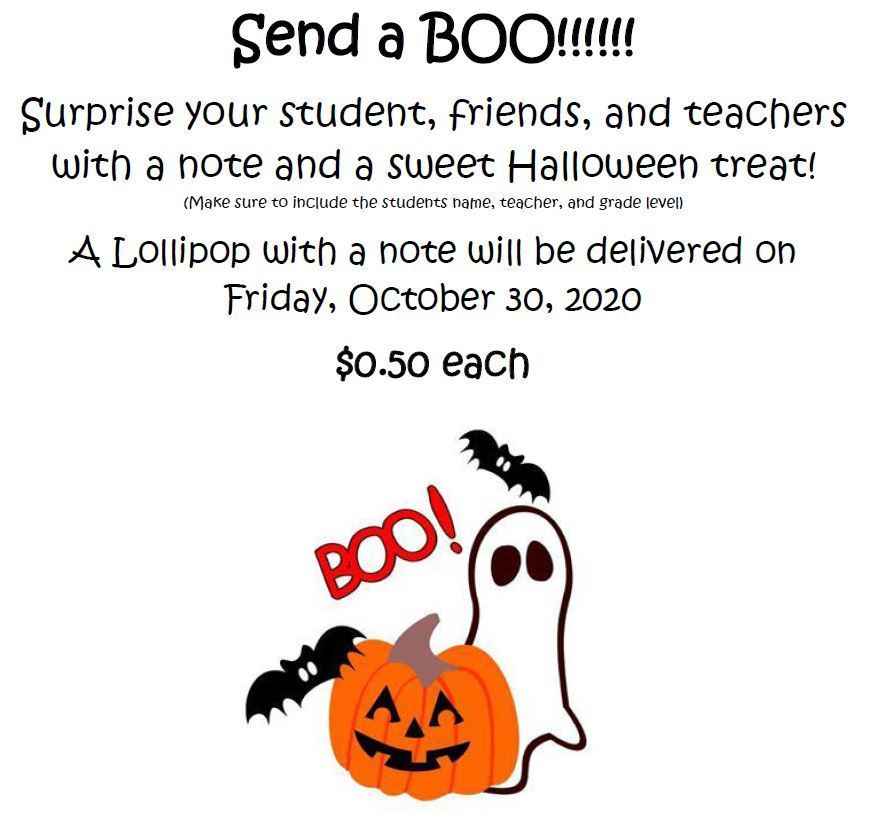 Attention STEM Students!  Send a BOO!!!!!! Surprise your student, friends, and teachers with a note and a sweet Halloween treat! A Lollipop with a note will be delivered on Friday, October 30, 2020 See https://5il.co/mj0v for the details! Happy Halloween! 