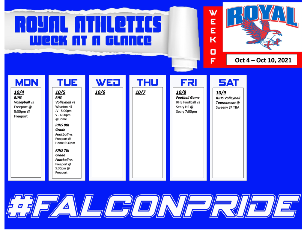 Check out the flyer to view the Falcon Athletics Week at a Glance for the current week! Let's go, Falcons!