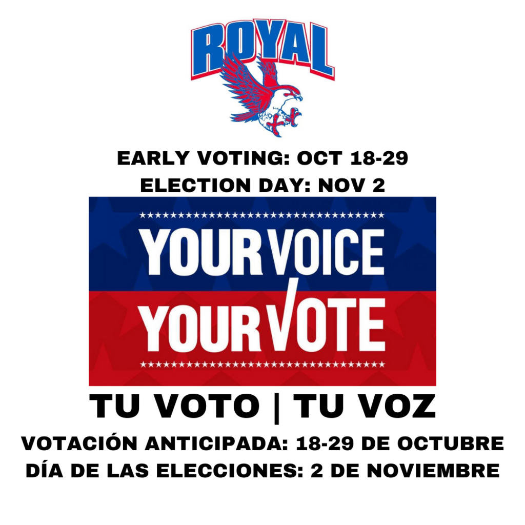 Don't forget! Early voting lasts until October 29, and Election Day is November 2! Your vote is your voice! Do your research and VOTE! https://www.royal-isd.net/page/bond. Already voted? Show us your "I voted" sticker in the comments! #falconsvote