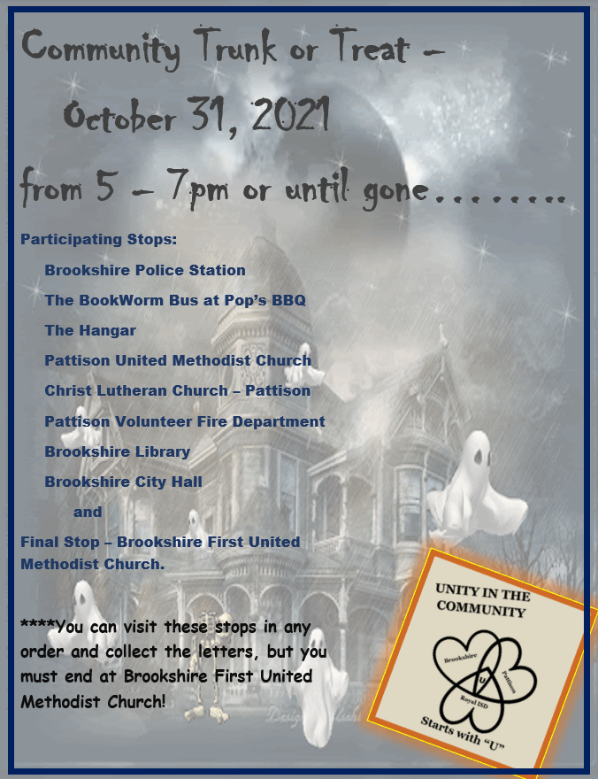 Join The Bookworm Bus for their annual Community Trunk or Treat on October 31 from , 5-7PM (while supplies last). See attached flyer for location details.