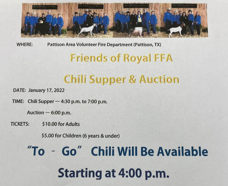 Save the Date! The 2022 Friends of FFA Chili Supper is on Monday, January 17 at 4PM. To-go orders start at 4pm, dine-in starts at 4:30, and the auction starts at 6pm. $10 for adults, $5 for children 6 & under. Visit https://5il.co/13p1s for complete details. Save the Date! The 2022 Friends of FFA Chili Supper is on Monday, January 17 at 4PM. To-go orders start at 4pm, dine-in starts at 4:30, and the auction starts at 6pm. $10 for adults, $5 for children 6 & under. Visit https://5il.co/13p1s for complete details. 
