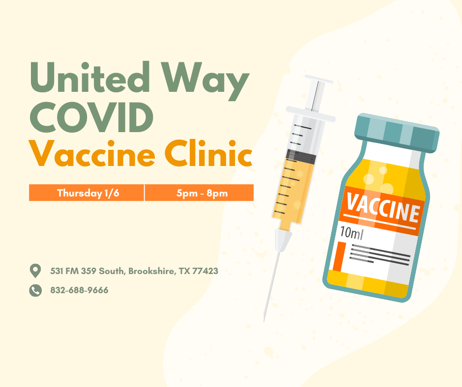 Reminder! The United Way COVID vaccine clinic is tomorrow from 5-8PM. Visit https://ccarerx.com/date/united-way-of-greater-houston-covid-19-vaccination-event-thursday-january-6th-5pm-8pm/ to schedule your appointment (walk-ins also welcome).