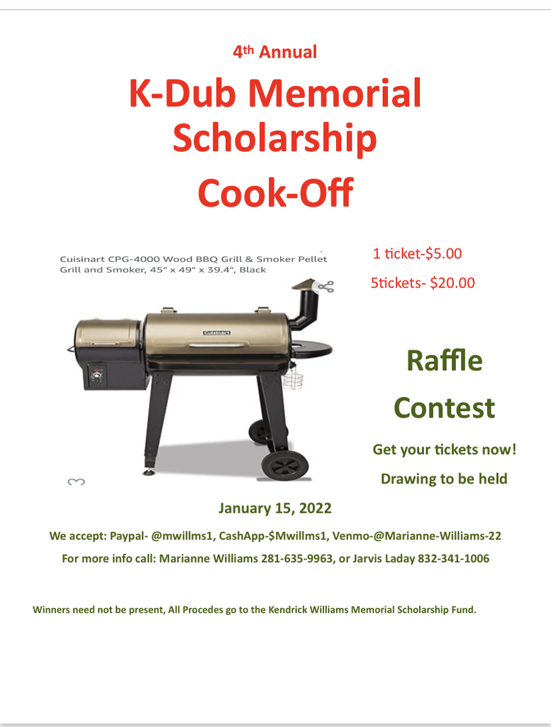 Support scholarships, have fun, and enjoy great BBQ at the 4th annual Kendrick Williams Scholarship Cookoff! Proceeds benefit PVAMU ag students. Jan. 15 @ 34871 Williams Ln, Hempstead. $10 for admission + a sandwich meal (10 & under for $5, 3 & under free). https://bit.ly/3FnyDra
