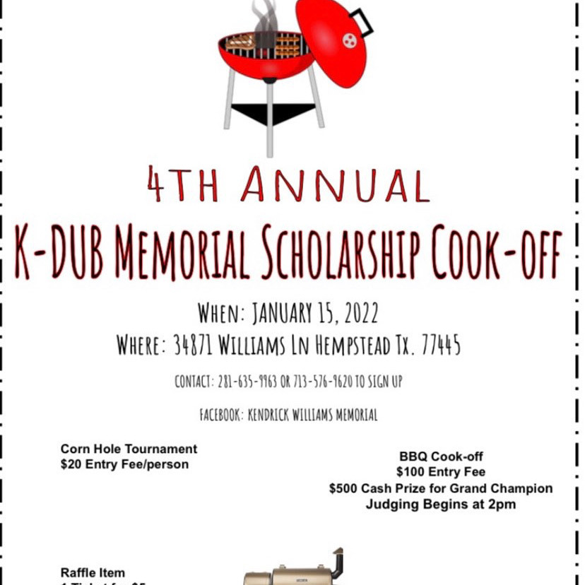 Support scholarships, have fun, and enjoy great BBQ at the 4th annual Kendrick Williams Scholarship Cookoff! Proceeds benefit PVAMU ag students. Jan. 15 @ 34871 Williams Ln, Hempstead. $10 for admission + a sandwich meal (10 & under for $5, 3 & under free). https://bit.ly/3FnyDra