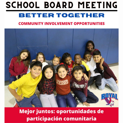 Get involved, make a difference! Join us at 6:30PM for tonight's Regular Board Meeting and Public Hearing. School board meetings are a great way to know what's happening at Royal. Visit https://bit.ly/3rIJhUX for public comments sign-up information, Zoom details, and the agenda.