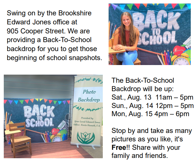 Back-to-school photo opportunity! Stop by the Edward Jones office at 905 Cooper Street in Brookshire to grab some  snapshots for FREE! It's open today 8/14  from 12-5PM  and tomorrow 8/15 from 4-6PM. Share with your family and friends! Flyer: https://5il.co/1g2f5