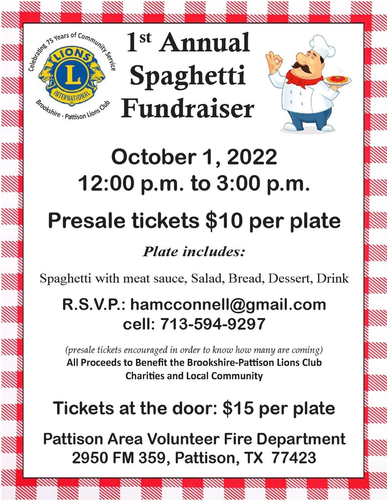 Support the Brookshire-Pattison Lions Club at their first annual Spaghetti Fundraiser and Community Fall Market!  Booths are available for rent for $25 (10x10). Fall Market - 10:00am-4:00pm; Spaghetti lunch - 12:00noon-3:00pm; booths available for rent for $25 (10x10).