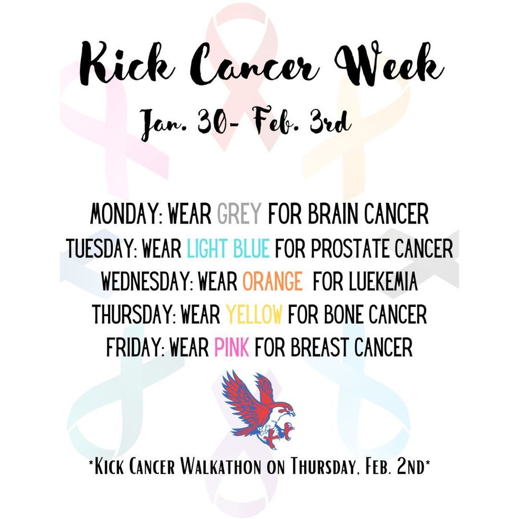 January 30-February 3 is "Kick Cancer Week" at RHS! Each day features a dress-up theme, and the campus is hosting a fundraiser on Thursday, February 2. Flyers are attached for each! Scan the QR code for the online donation form or visit https://5il.co/1nh22 for a printable form.