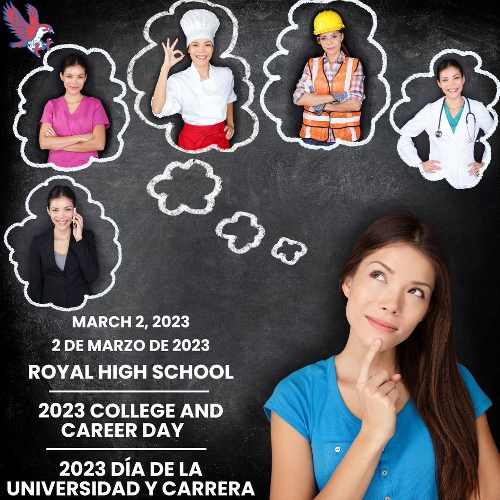 Save the Date! The 2023 Spring College and Career Day will be on Thursday, March 2, 2023 at Royal High School. The event will provide RHS Falcons with an opportunity to hear from and talk to professionals in a variety of fields and to meet with college representatives. 