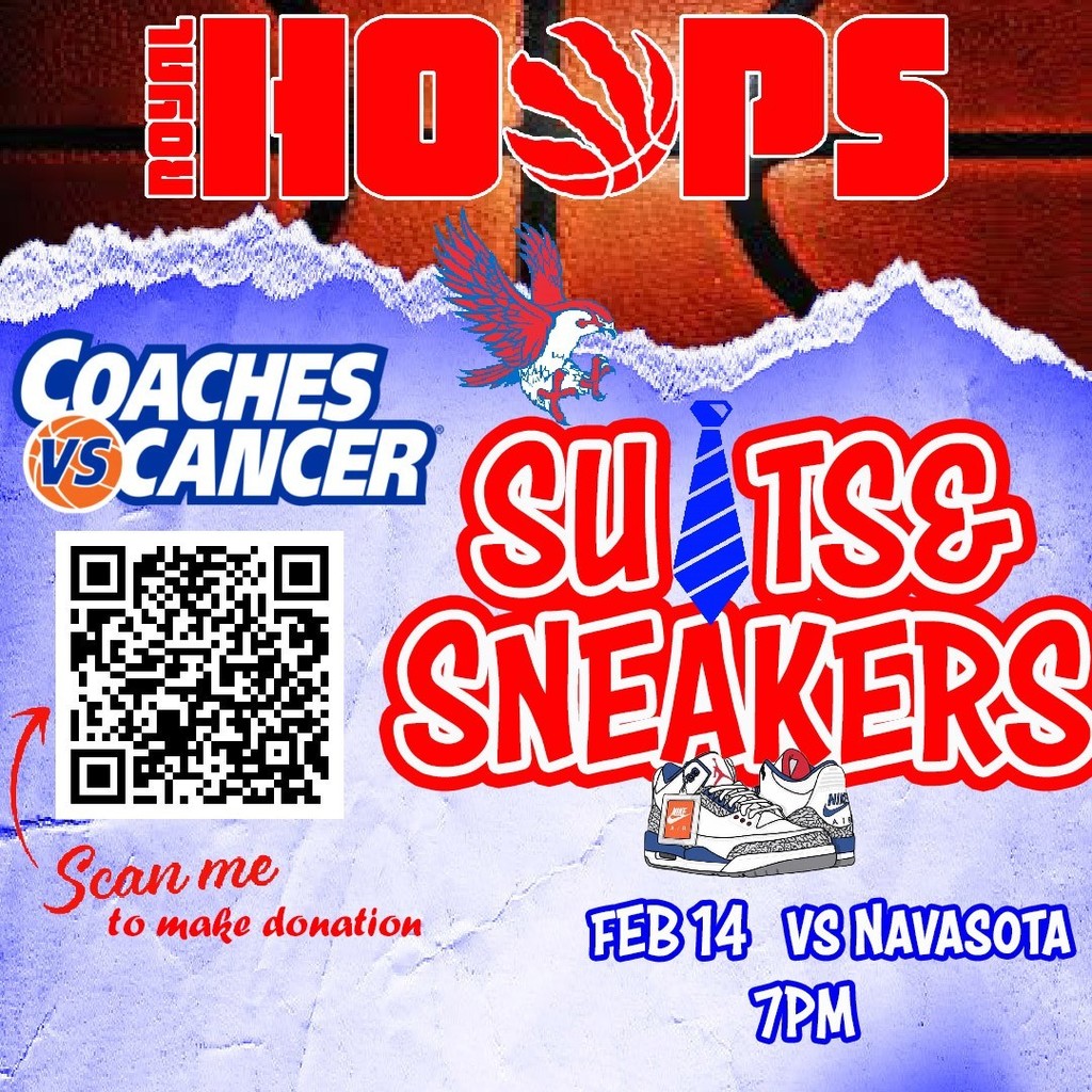 Join the RHS boys' basketball team for the coaches vs cancer game against Navasota on February 14 (F@4:30pm; JV@5:45pm; V@7pm at RHS). Scan the QR code or visit http://bit.ly/3XsgORE to help them reach their fundraising goal! Thank you for your support! #WeAreRoyal