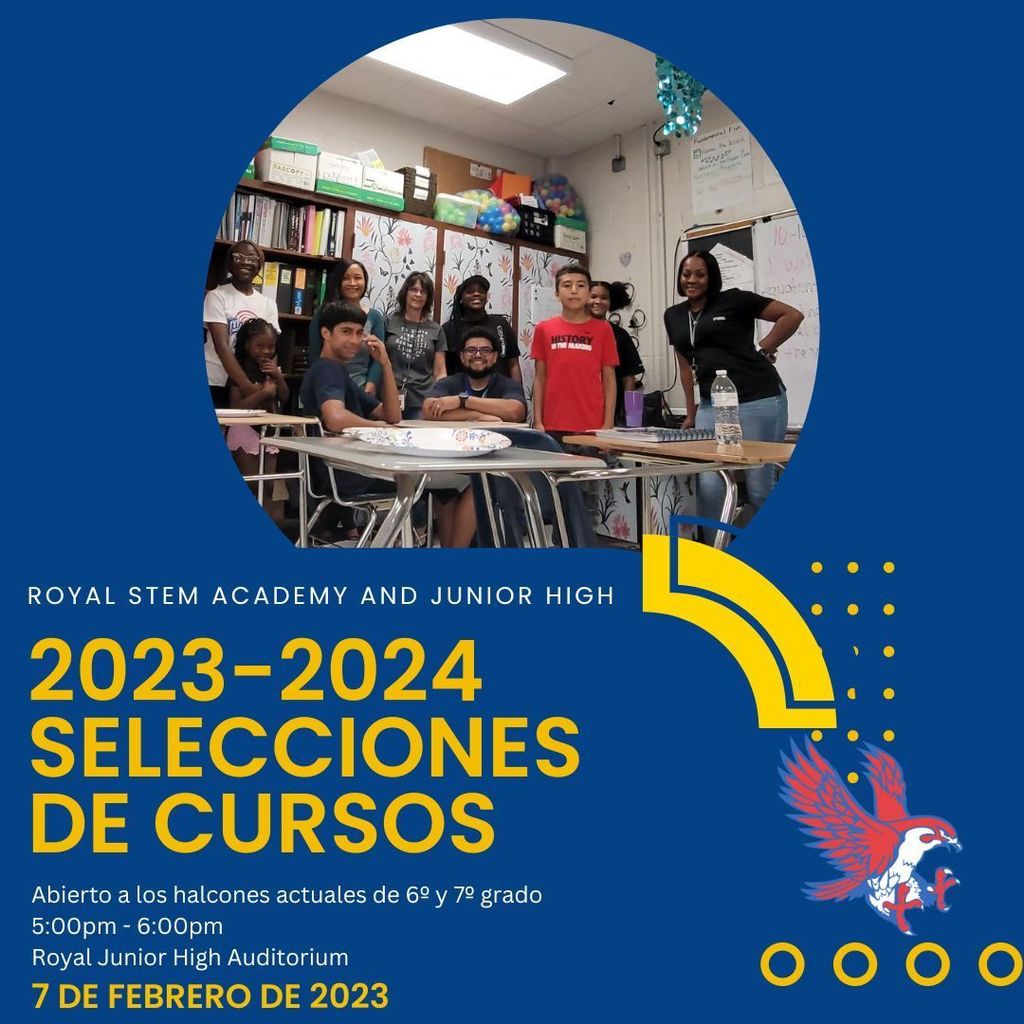 Reminder! Attention current 6th and 7th grade Falcons! Please join us at the RJH Auditorium on February 7 from 5pm - 6pm for the 2023-2024 Course Selection Night. #WeAreRoyal
