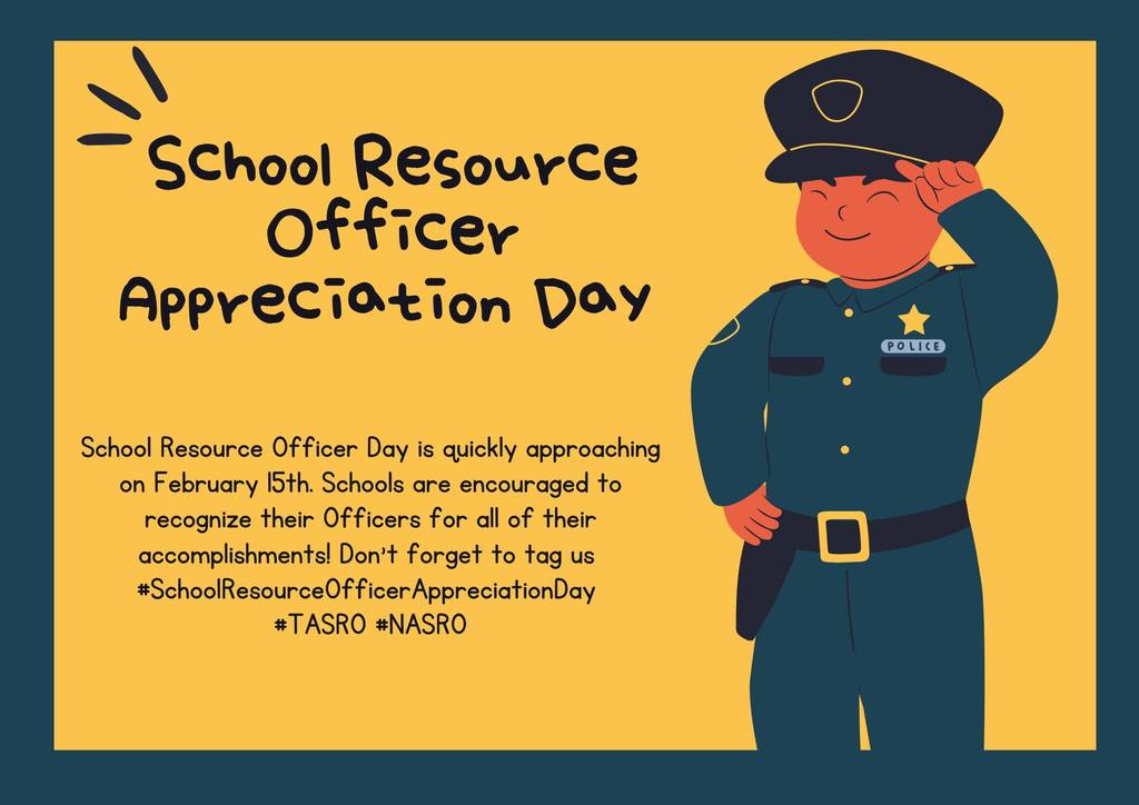 REMINDER! Today is National School Resource Officer Appreciation Day! Please tell our Falcon officers thank you for all they do to keep our students safe!  Follow them on Facebook here: https://bit.ly/3XsSJcI / Learn more: http://bit.ly/3HUj4uF   #WeAreRoyal #TASRO #NASRO 