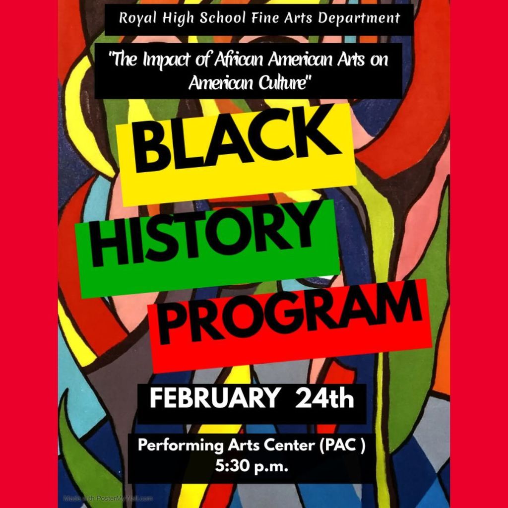 Join us tonight at 5:30PM at the RHS Performing Arts Center for the 2023 RHS Black History Month Program: "The Impact of African American Arts on American Culture". 