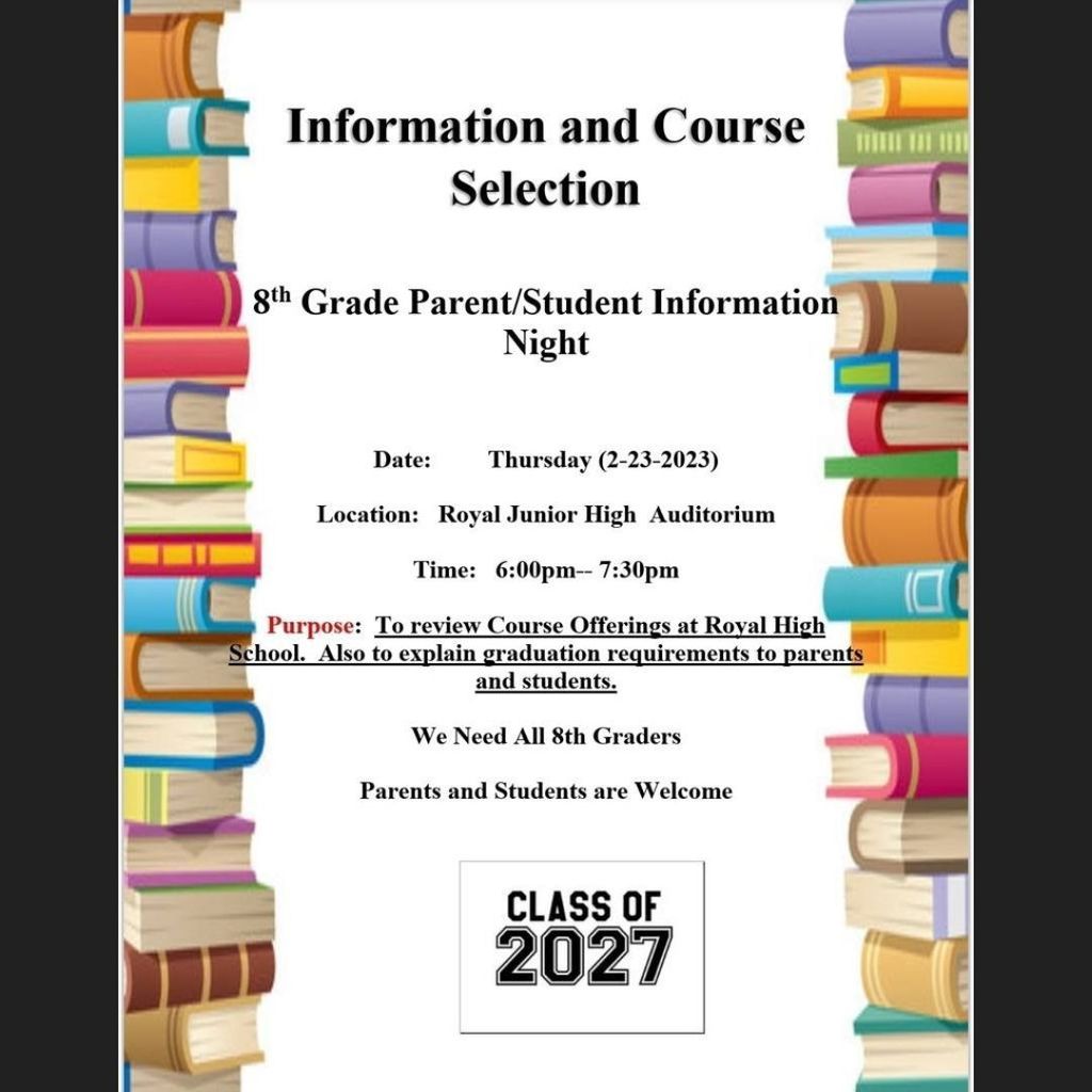 Join us from 6pm - 7:30pm on Thursday, February 23 in the RJH Auditorium for the 2023 8th Grade parent/student information night. We will review RHS course offerings and graduation requirements. 