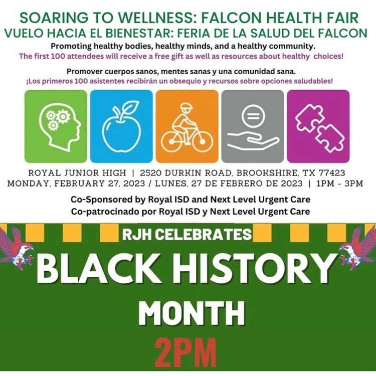 Happening in 30 minute at RJH: "Soaring to Wellness: Falcon Health Fair" from 1-3PM. Also happening today: Join us at 2pm at the Royal Junior High Auditorium for the 2023 RJH Black History Month Celebration!