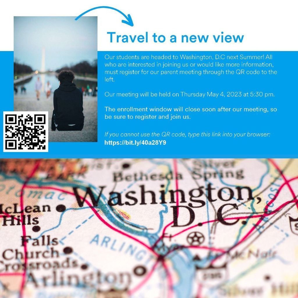 Join us on May 4 at 5:30pm at the RJH Library to learn more about the 2024 Washington DC trip opportunity. The trip is open to current 7th and 8th grade students at RJH and STEM. 