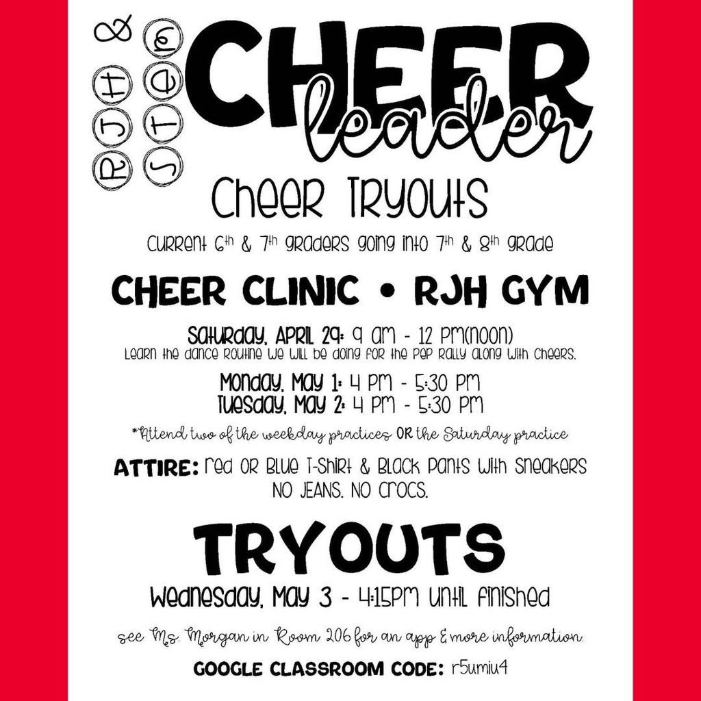 RJH Cheer Clinic & Tryouts: Falcons interested in trying out should plan attend both weekday sessions (May 1 and May 2, 4-5:30pm) OR the April 29 Saturday session (9am-12pm).  Tryouts are Wednesday, May 3 at 4:15pm (end time TBD). Flyer: https://5il.co/1tbqo