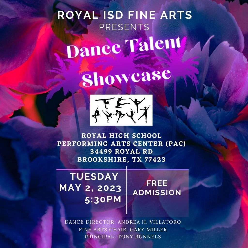 Join Royal ISD Fine Arts on Tuesday, May 2 at 5:30pm for the Dance Talent Showcase. The event will be held at the RHS Performing Arts Center. Flyer: https://5il.co/1tfah
