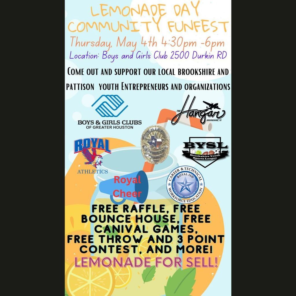 Support our Falcon youth entrepreneurs. Join us at the 2023 Community Funfest and Lemonade Day on May 4 from 4:30pm-6pm at the Royal Boys & Girls Club. Raffle, bounce, carnival games, free throw and 3-point contest, and more, all for FREE!  Flyer: https://5il.co/1tfax