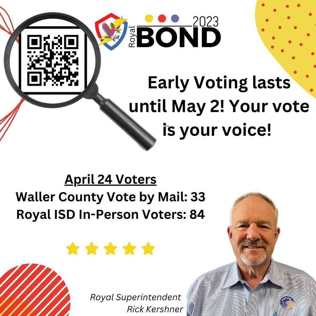 Join us on tomorrow (4/29/2023) Saturday at 9am at Royal ECC for a district bus tour (breakfast provided while supplies last). After the tour, head to the RHS Performing Arts Center at 11am for a bond presentation by Superintendent Kershner. Only 3 more days of early voting! 