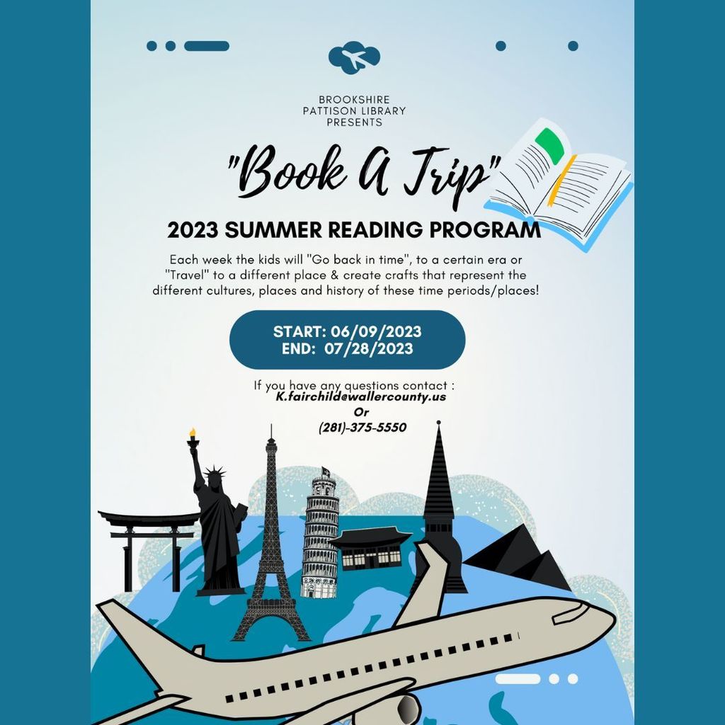 Reminder: Join the Brookshire-Pattison Library on June 2 to "Book a Trip" to other worlds during the summer reading program! See flyers for details! Happy reading, Falcons! 