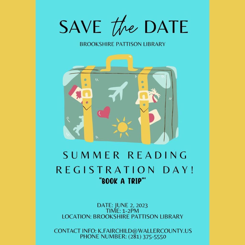 Reminder: Join the Brookshire-Pattison Library on June 2 to "Book a Trip" to other worlds during the summer reading program! See flyers for details! Happy reading, Falcons! 