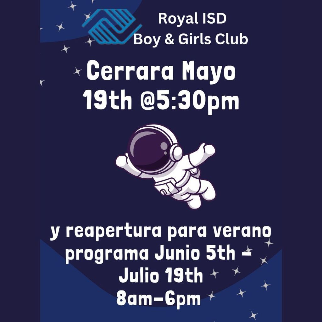 Attention Royal Boys & Girls Club members: The last day for Royal Boys & Girls Club for the 2022-2023 school year is May 19, when the club closes at 5:30pm. Summer programming dates are June 5 - July 19 from 8am to 6pm. Visit https://www.bgcgh.org/ to register today!
