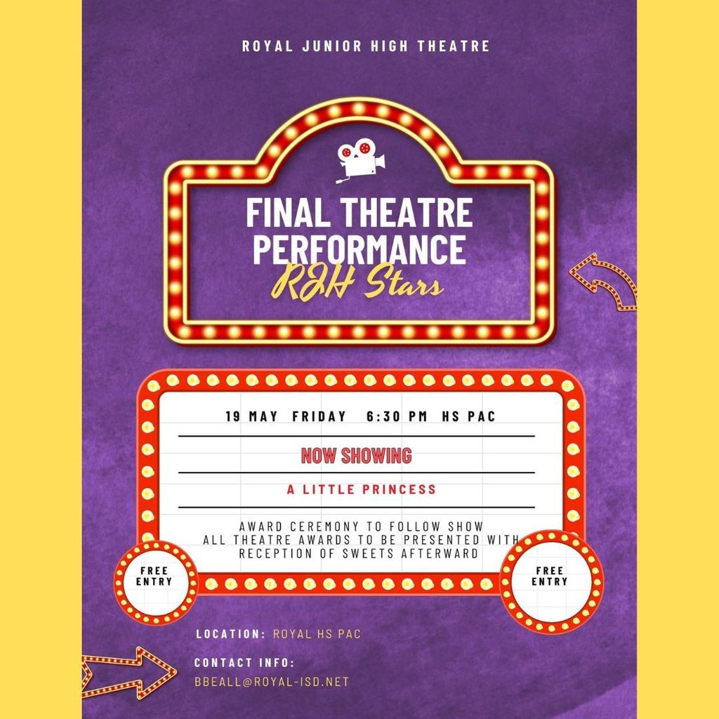 Please join us for the final theatre performance of the RJH Stars on Friday, May 19. The show starts at 6:30pm at the Royal High School PAC. The talented RJH Stars will present "A Little Princess", followed by the 2022-2023 Theatre Awards and a dessert reception. 