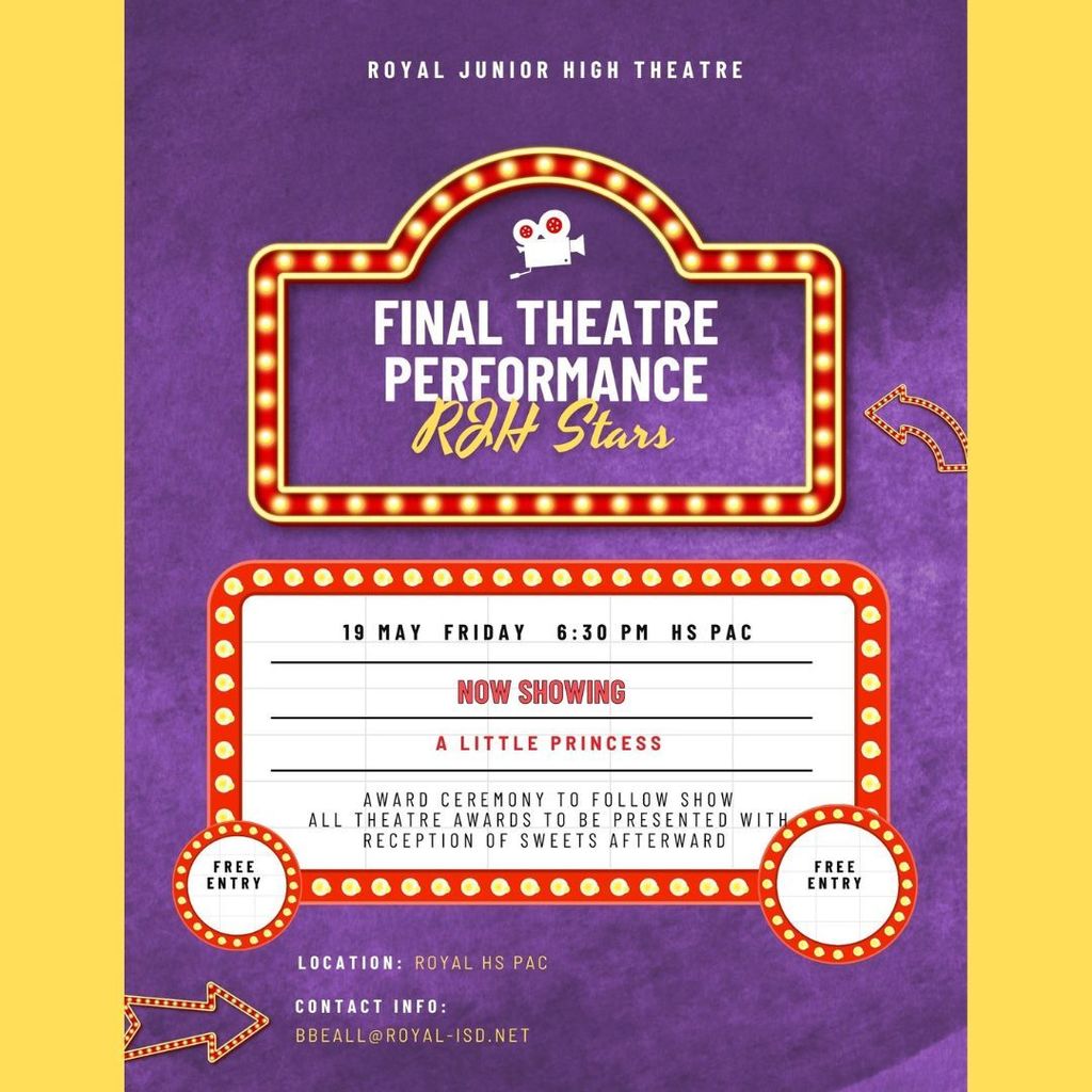 Reminder! Join us tonight for the RJH Stars Performance of "A Little Princess" followed by 22-23 Theatre Awards and dessert reception, 6:30pm, RHS PAC.