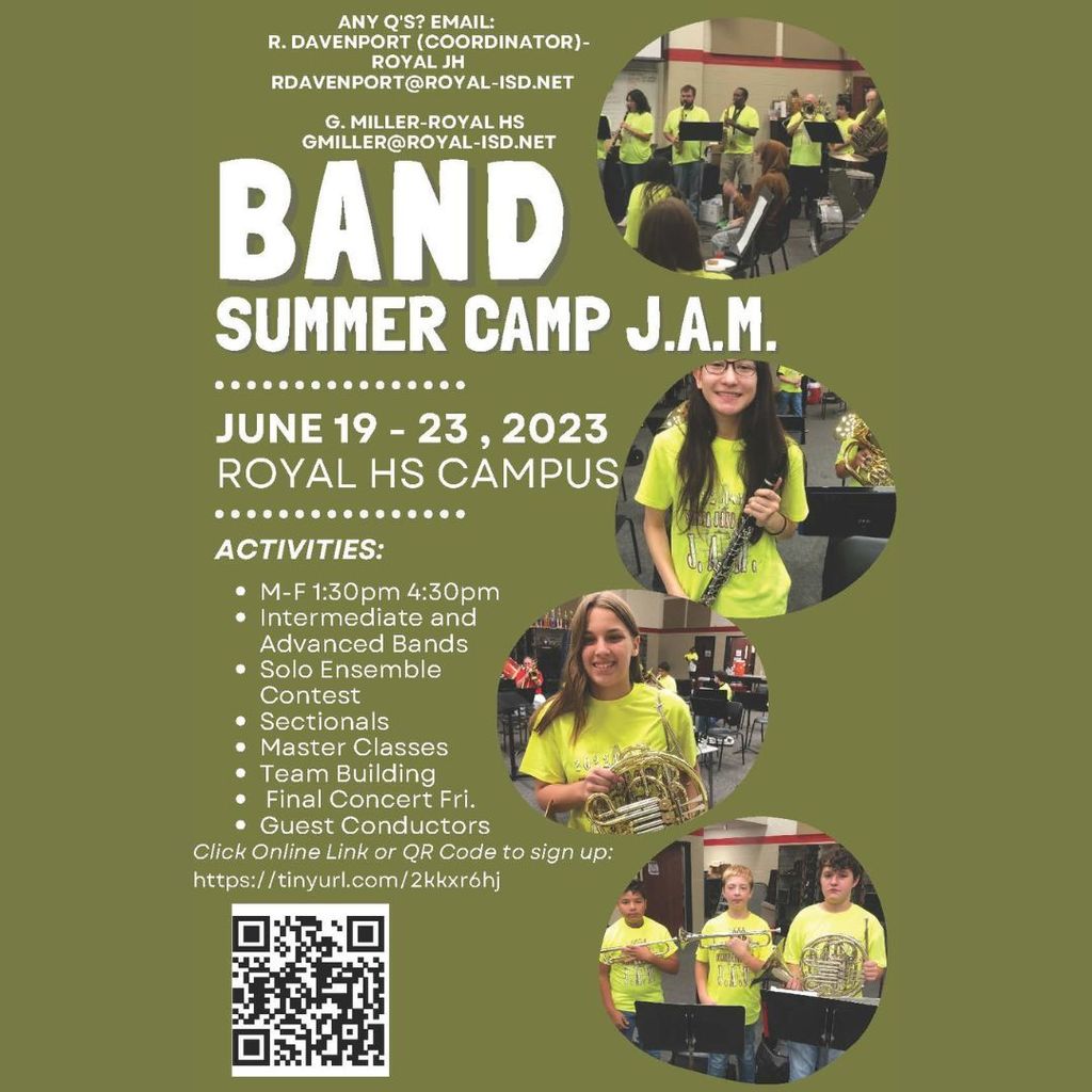 Update!  Some of the times for the 2023 Band Summer Camp Jam have been adjusted to allow for summer school testing. Visit https://5il.co/1uso9 to view the updated Summer Activity Guide.