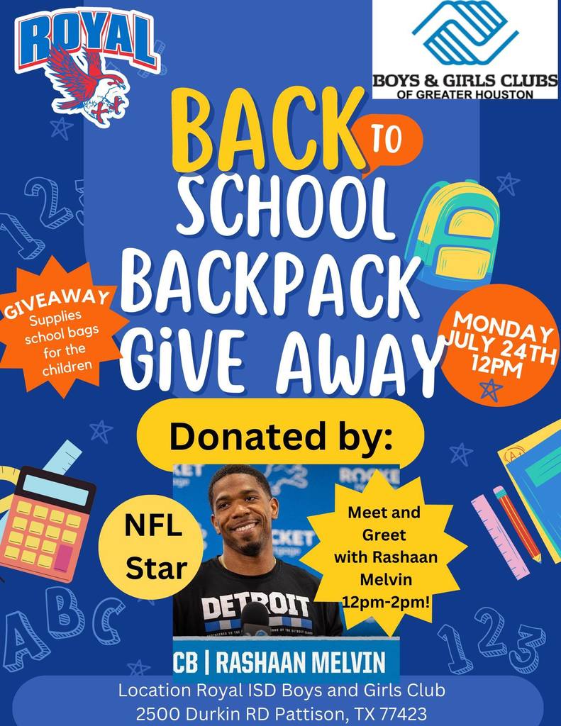Happening today from 12-2pm! Join the Royal Boys & Girls Club for their Back to School Backpack Giveaway, sponsored by NFL player Rashaan Melvin. (Royal Boys & Girls Club, 2500 Durkin Rd). #weareRoyal #bgcgh