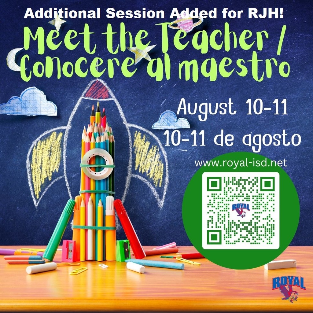 RJH Meet the Teacher Update: Additional Session Added! Join RJH on August 11 at either 12:30-2:30pm OR 5-6pm. Please complete your annual registration in Skyward prior to the event to pick up your student's schedule! https://www.royal-isd.net/article/1187315