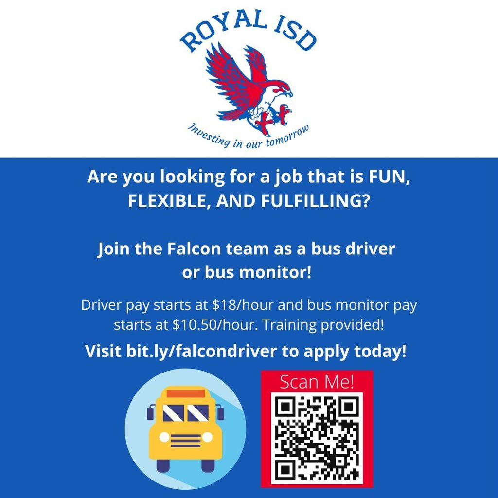 Are you looking for a job that's fun, flexible, and fulfilling? Join the Falcon team as a bus driver or bus monitor! Visit bit.ly/falcondriver or scan the QR code to apply today! #WeAreRoyal #WeAreHiring