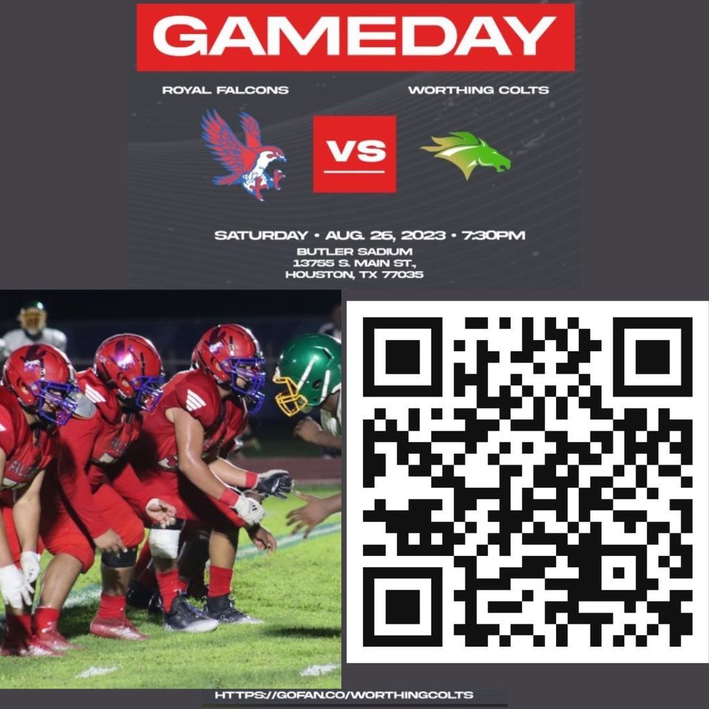 Buy your tickets today to cheer on the Falcons as they face off against Worthing on 8/26/2023 at 7:30pm. Visit https://gofan.co/WorthingColts or scan the QR code. Let's go, Falcons! #WeAreRoyal