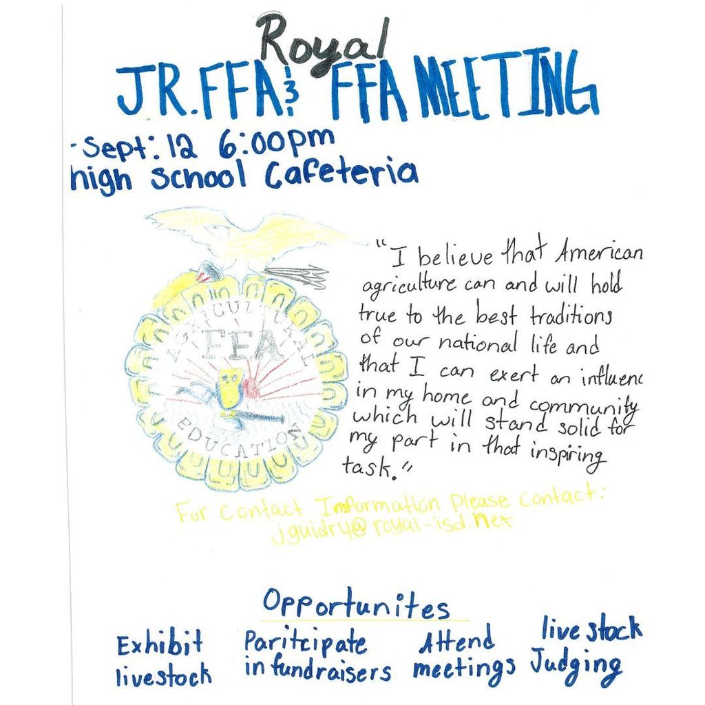 Join Royal FFA in the RHS Cafeteria on September 12 at 6pm! We welcome Falcons in grades 3 - 12 to Royal FFA, where our mission is "Learning to Do, Doing to Learn, Earning to Live, Living to Serve". Thanks to our 7th grade Royal FFA members for the beautiful flyers! #WeAreRoyal