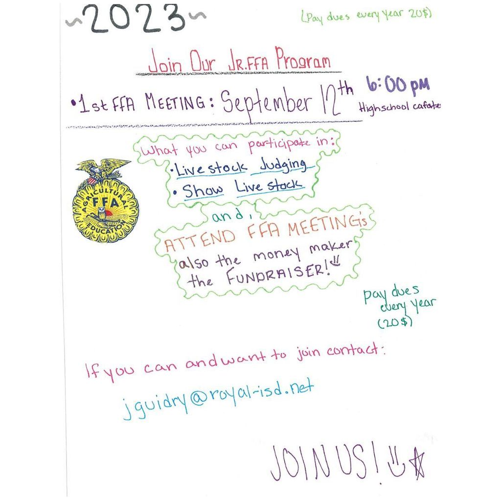 Join Royal FFA in the RHS Cafeteria on September 12 at 6pm! We welcome Falcons in grades 3 - 12 to Royal FFA, where our mission is "Learning to Do, Doing to Learn, Earning to Live, Living to Serve". Thanks to our 7th grade Royal FFA members for the beautiful flyers! #WeAreRoyal