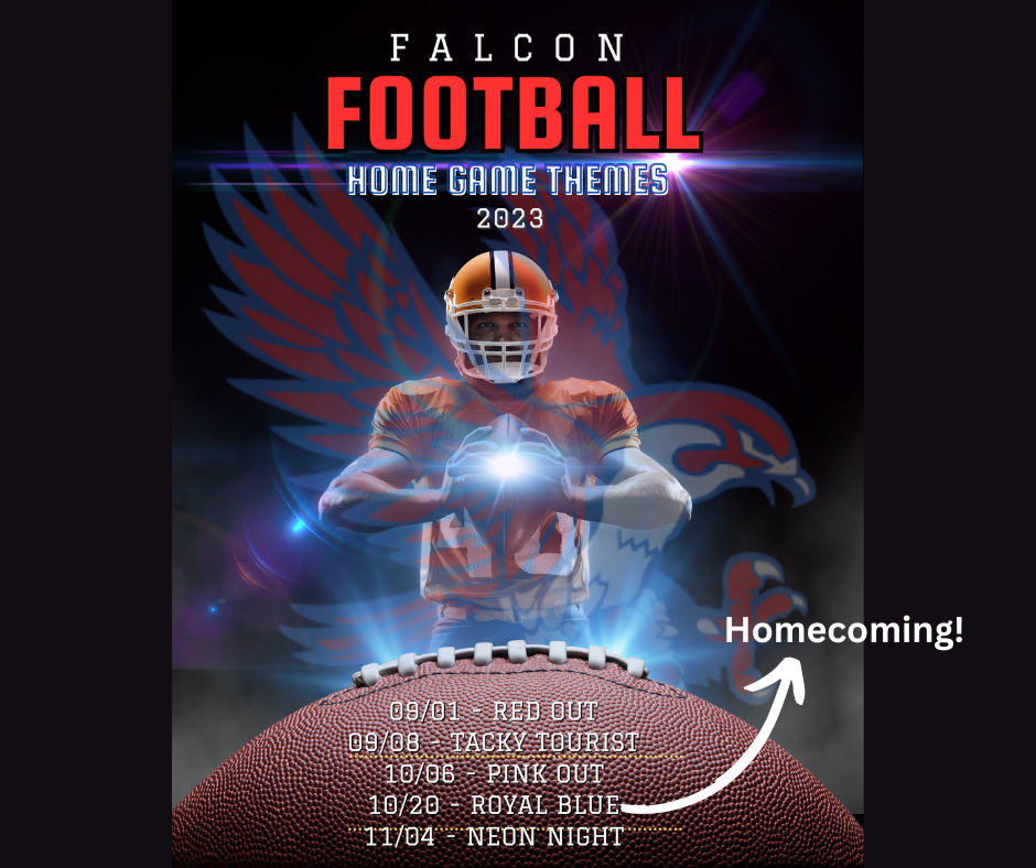 See the attached flyer for the 2023 Football game themes! Homecoming is October 20! #WeAreRoyal