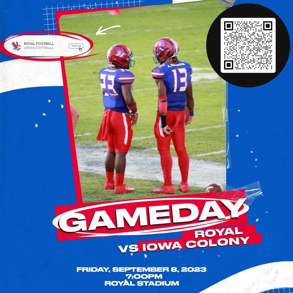 Tuesday - RJH football @ 5pm, Band Booster Club @ 6:45 (RHS Band Hall). Thursday - RJH volleyball @ 5pm, RHS Open House @ 5:30pm. Friday - RHS volleyball @ 5pm, varsity football @ 7pm and band night at Falcon Stadium. Concession proceeds will benefit the Royal Sound Machine!