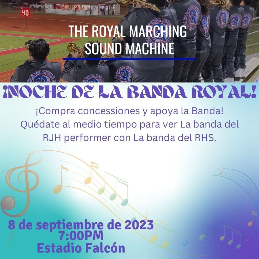 Tuesday - RJH football @ 5pm, Band Booster Club @ 6:45 (RHS Band Hall). Thursday - RJH volleyball @ 5pm, RHS Open House @ 5:30pm. Friday - RHS volleyball @ 5pm, varsity football @ 7pm and band night at Falcon Stadium. Concession proceeds will benefit the Royal Sound Machine! 