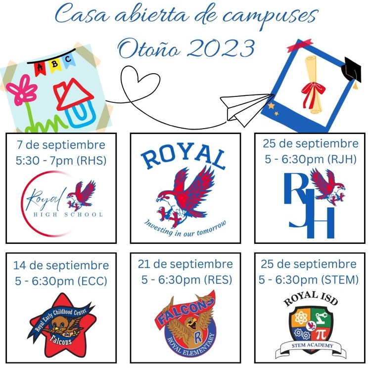 Save the date! Our campus open houses will take place throughout September. Please see the flyers to mark your calendar!  #WeAreRoyal 
