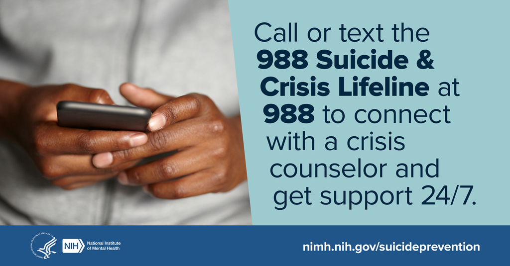If you’re in crisis, there are options available to help you cope. For confidential support available 24/7 for everyone in the U.S., call or text 988 or chat at 988lifeline.org, or visit https://go.usa.gov/xyxGa . #shareNIMH