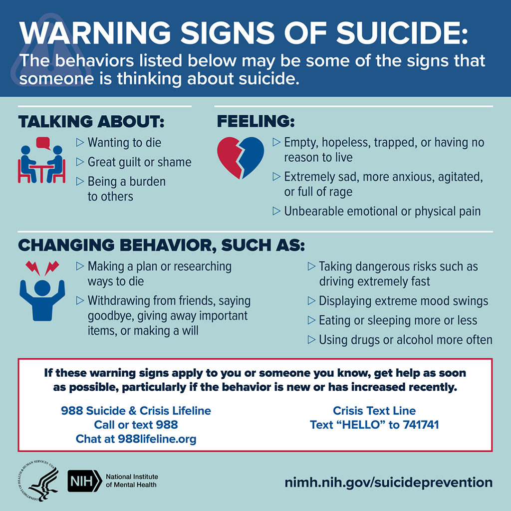 Suicide is complicated and tragic, but it is often preventable. Knowing the warning signs for suicide and how to get help can help save lives. Learn about behaviors that may be a sign that someone is thinking about suicide. For more information, visit https://go.usa.gov/xVCyZ  #shareNIMH