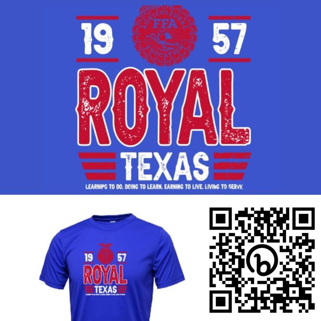 Visit bit.ly/4507EPB or scan the QR code to order your 23-24 FFA shirt today! Payment is due by October 13. Community members who order a shirt will be contacted at the phone number or email address provided to arrange pick up details. Thank you for your support! #WeAreRoyal