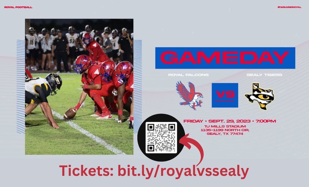 Headed to Sealy on Friday? Visit bit.ly/royalvssealy to purchase tickets. Royal has talented athletes playing in a variety of sports, so visit https://www.royal-isd.net/o/royal-isd/page/buy-tickets to buy your tickets today! Let's go, Falcons! #WeAreRoyal