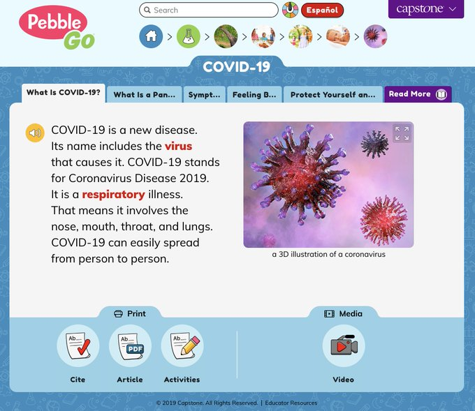 We shouldn't be afraid to talk to kids about COVID-19. Learning the facts, in an age-appropriate way, can actually ease their mind. Check out the NEW #PebbleGo Science article called "COVID-19" bit.ly/2UFAhiB #tlchat #edchat #edtech #futurereadylibs pic.twitter.com/z2h4WRtpps