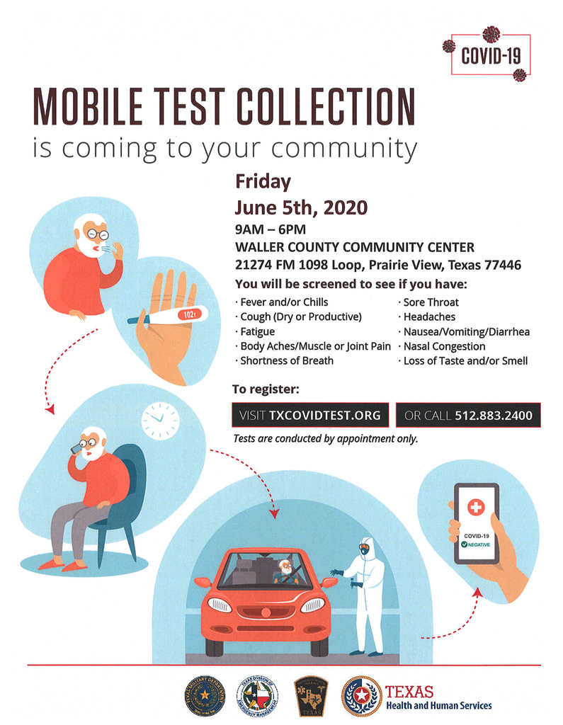 Mobile COVID-19 Testing is coming to your area on Friday, June 5, 2020 from 9am - 6pm. Tests are conducted by appointment only. See the attached flyer for registration and location details.   