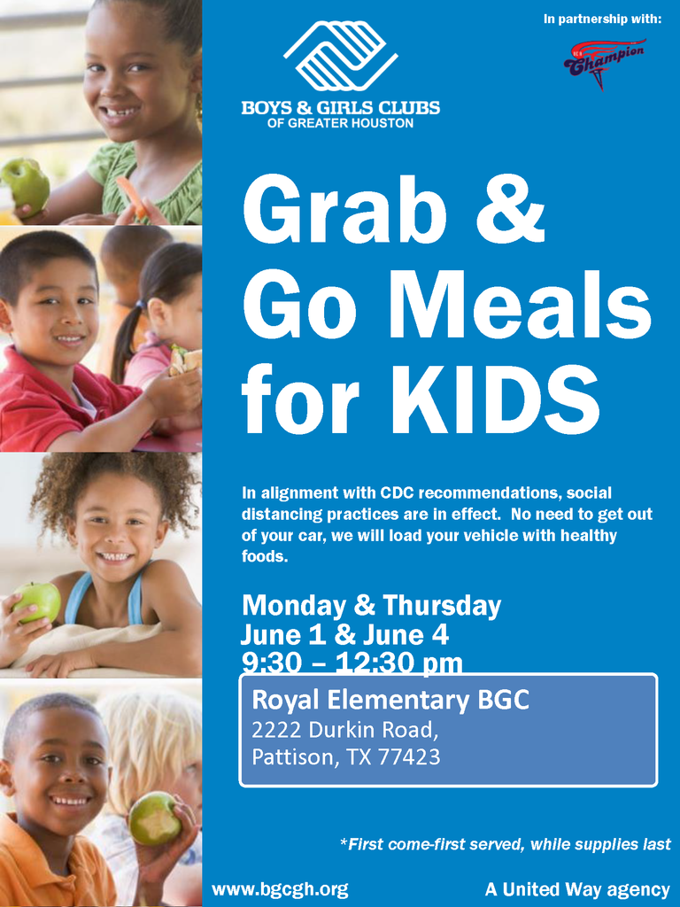 Visit Royal Elementary on Thursday 6/4 from 9:30am - 12:30pm for our next Falcon Drive-Thru! Please bring each child OR a RISD badge or bus pass for each child. Each child will receive 12 meals (breakfast/lunch/dinner for Thursday, Friday, Saturday, and Sunday).  